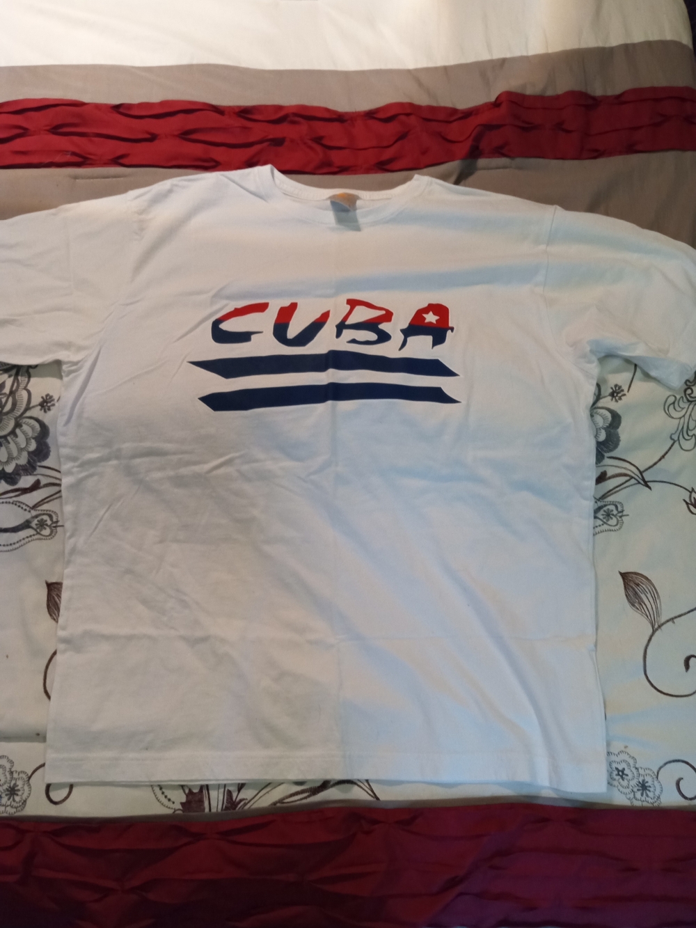 Men's White Cuba Graphic Short Sleeve Tee with Red & Navy Accents